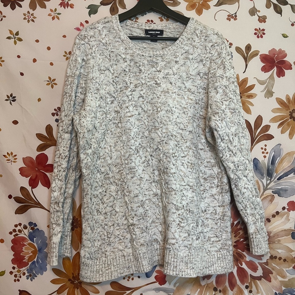Lands End 1X Drifter Cable Knit Ecru Beige Teacher Casual Preppy Winter Sweater